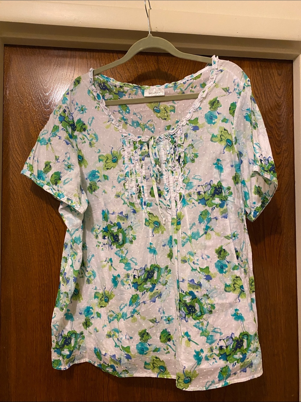 dressbarn White Floral Ruffle-Front Blouse with Blue & Green Print